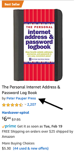 Screenshot of a listing for a password journal sold directly by Amazon